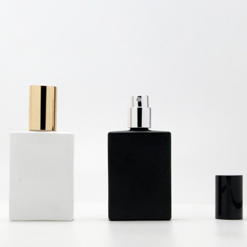 Wholesale minimal fancy 30ml cosmetic packaging crimp square black glass bottle perfume bottles with box gold top spray