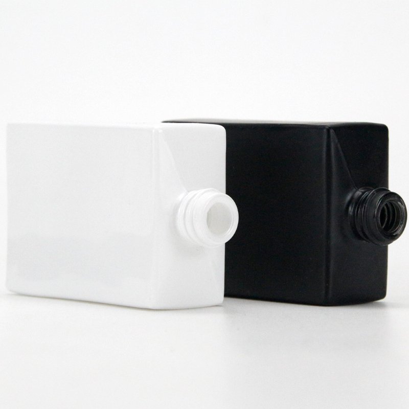 Wholesale minimal fancy 30ml cosmetic packaging crimp square black glass bottle perfume bottles with box gold top spray