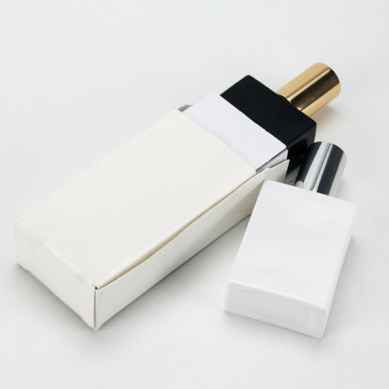 Wholesale minimal fancy 30ml cosmetic packaging crimp square black glass bottle perfume bottles with box gold top spray