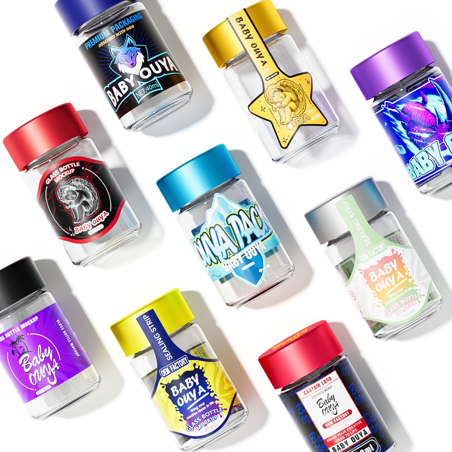 Custom label design sticker 30g glass jar bottle 5 pack pre packaging jar child resistant glass bottle pre packaging container