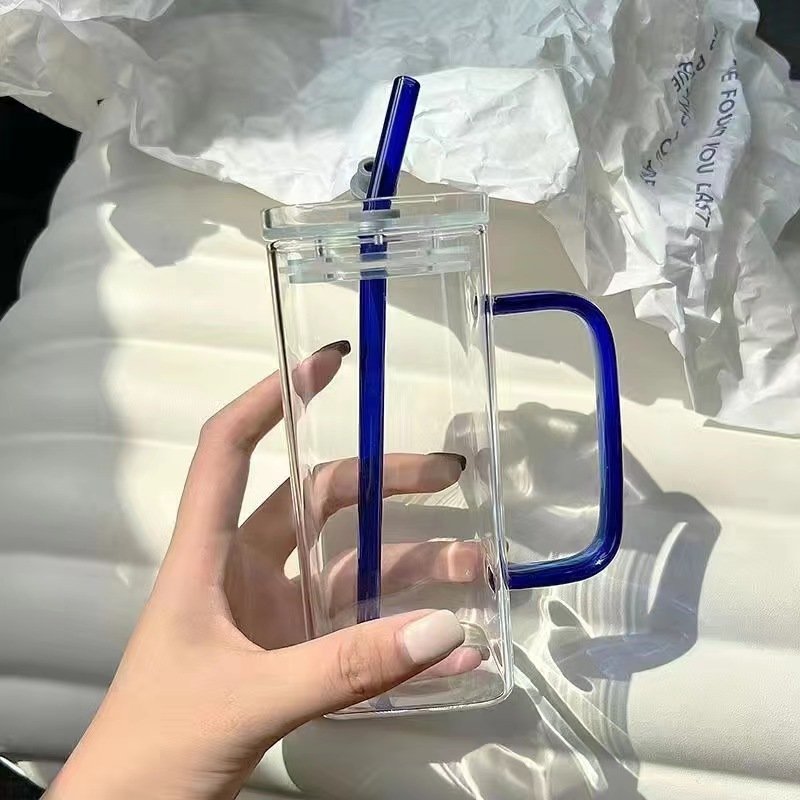 Square glass bottle with handle household high-value straw glass bottle female heat-resistant flat-bottomed heatable bottle