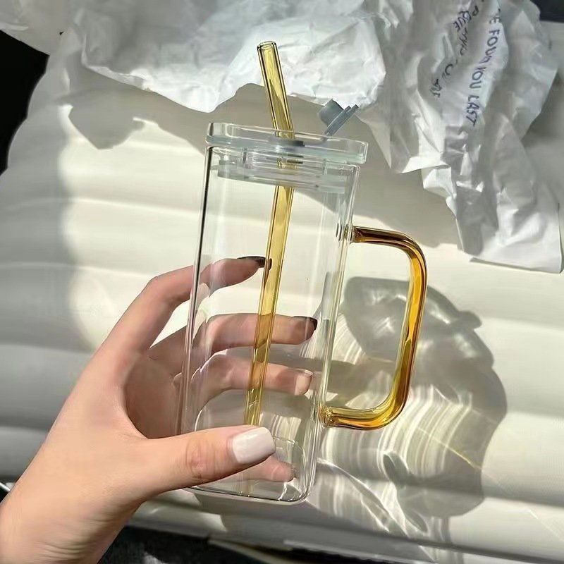 Square glass bottle with handle household high-value straw glass bottle female heat-resistant flat-bottomed heatable bottle