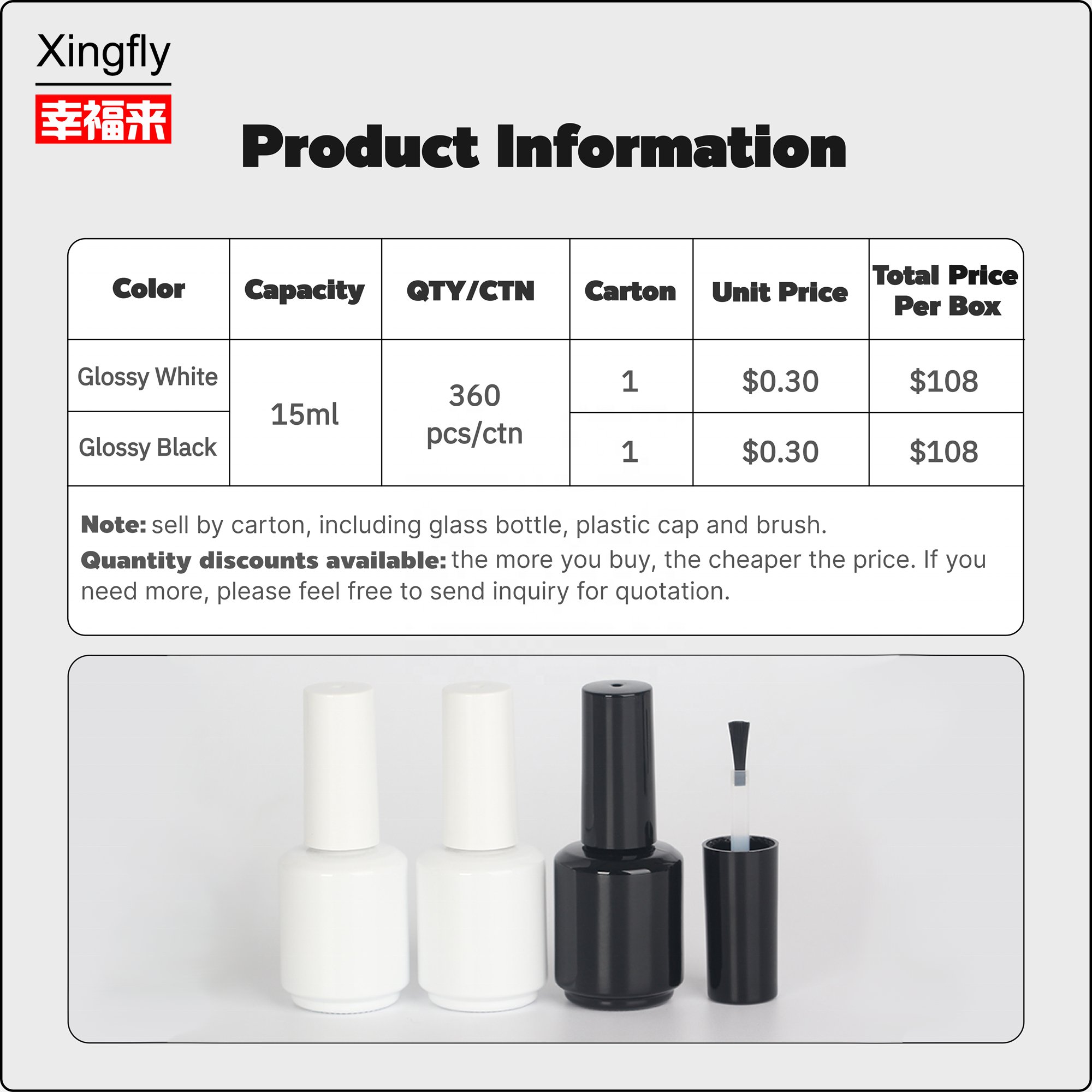 Manufacture OEM ODM RTS 15ml Empty Gel Nail Polish Glass Bottle Glossy Black White Gel Polish Bottle with Cap Brush