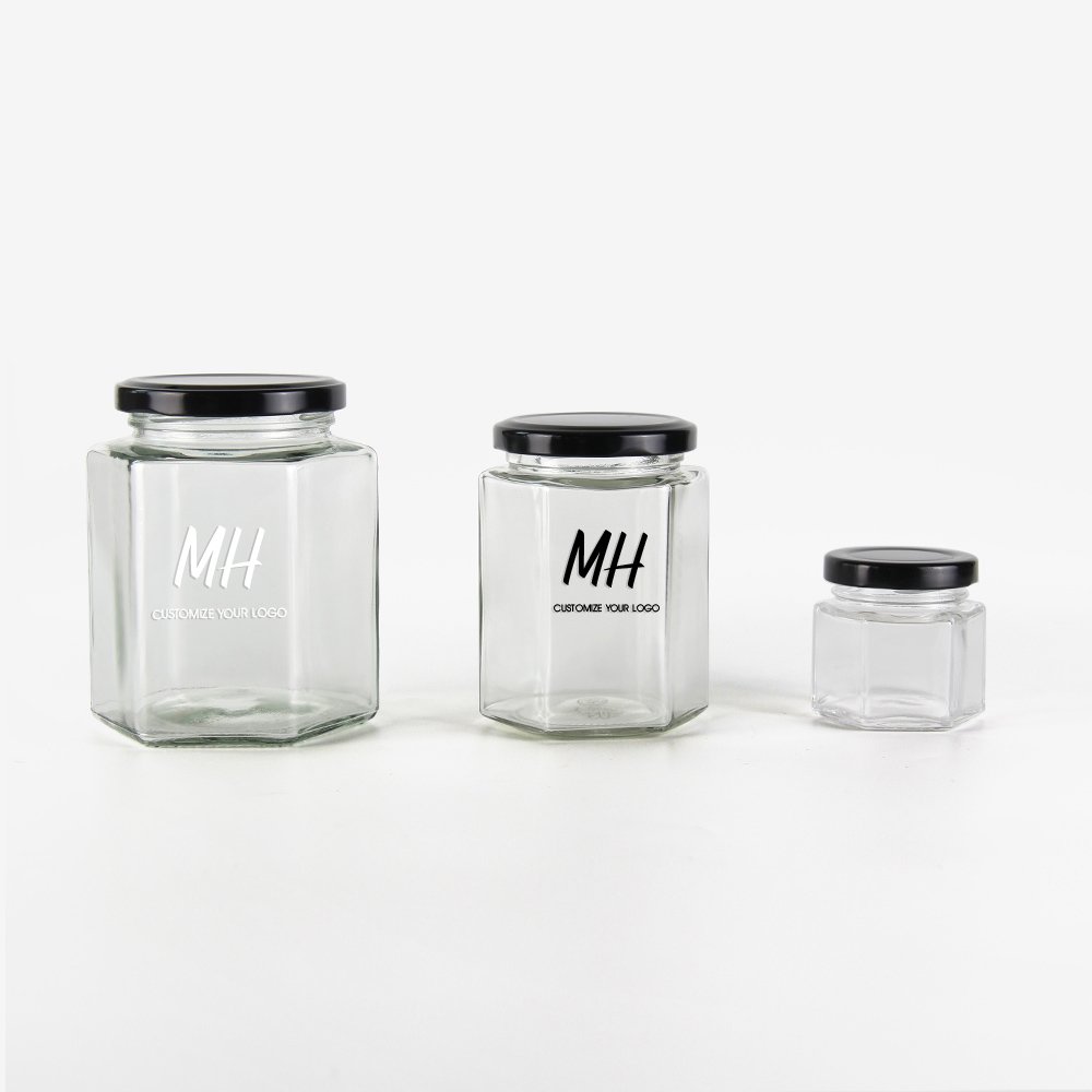 Hot selling glass jar honey jar food small jar packaging container hexagonal with metal screw lid