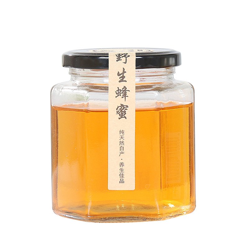 Hot selling glass jar honey jar food small jar packaging container hexagonal with metal screw lid