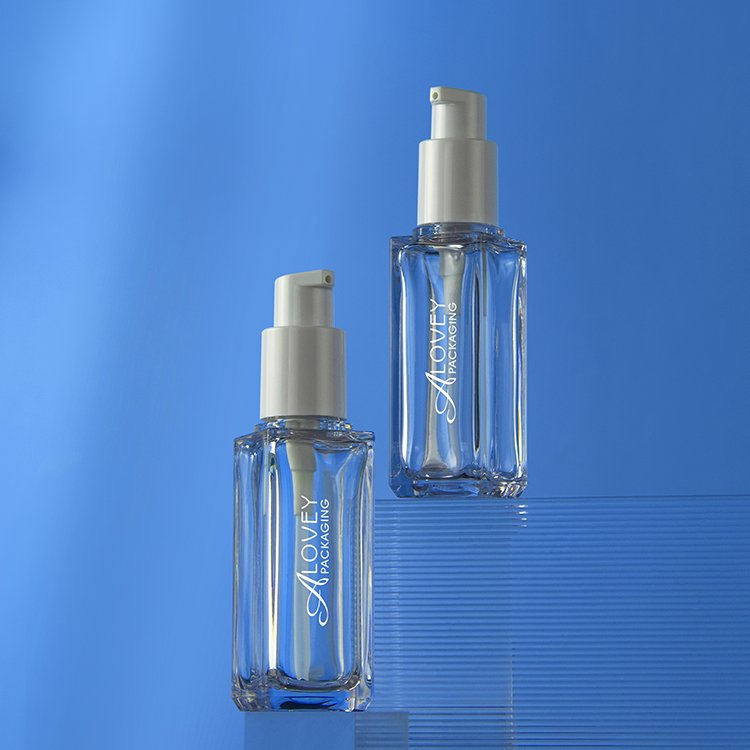 30ML Square Skincare Thick Bottom Glass Bottle For Cosmetics Liquid Packaging Cream Lotion Glass Bottle With Press Pump Cap