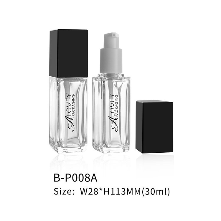 30ML Square Skincare Thick Bottom Glass Bottle For Cosmetics Liquid Packaging Cream Lotion Glass Bottle With Press Pump Cap
