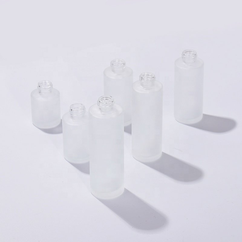 Wholesale Cosmetic 30ml Transparent Matte Flat Shoulder Eye Serum Dropper Glass Bottle Set with White Dropper Lid