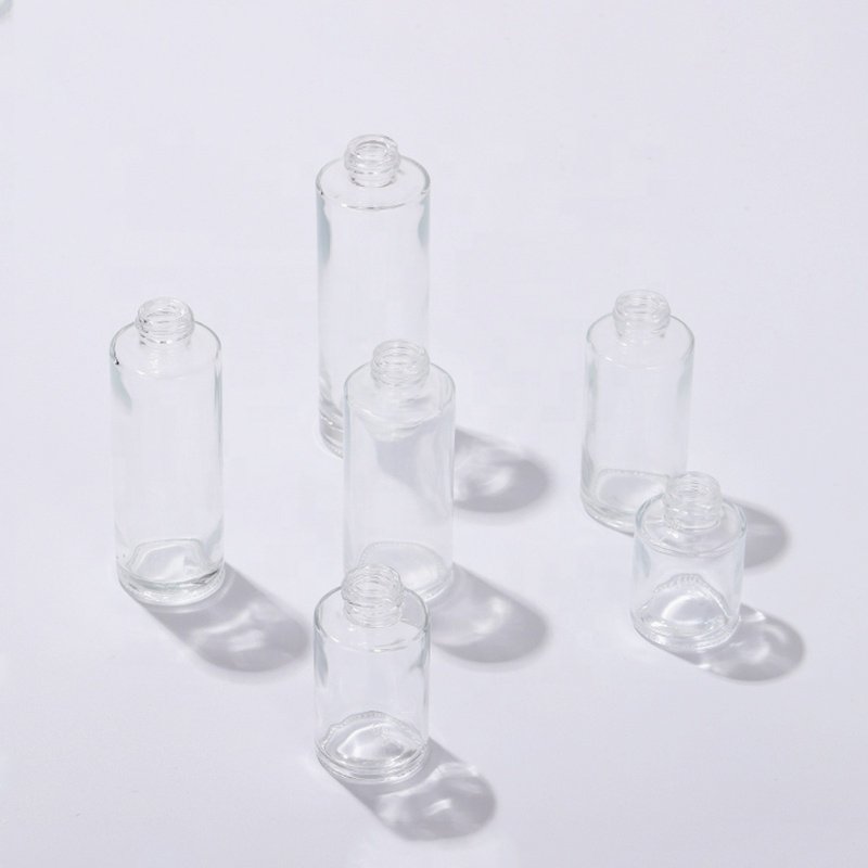 Wholesale Cosmetic 30ml Transparent Matte Flat Shoulder Eye Serum Dropper Glass Bottle Set with White Dropper Lid