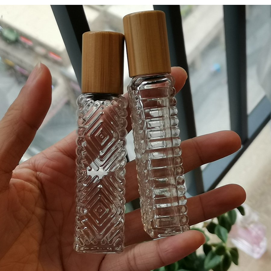 Pattern Design 14ml long square clear glass roll on bottle with bamboo cap and roller for essential oils