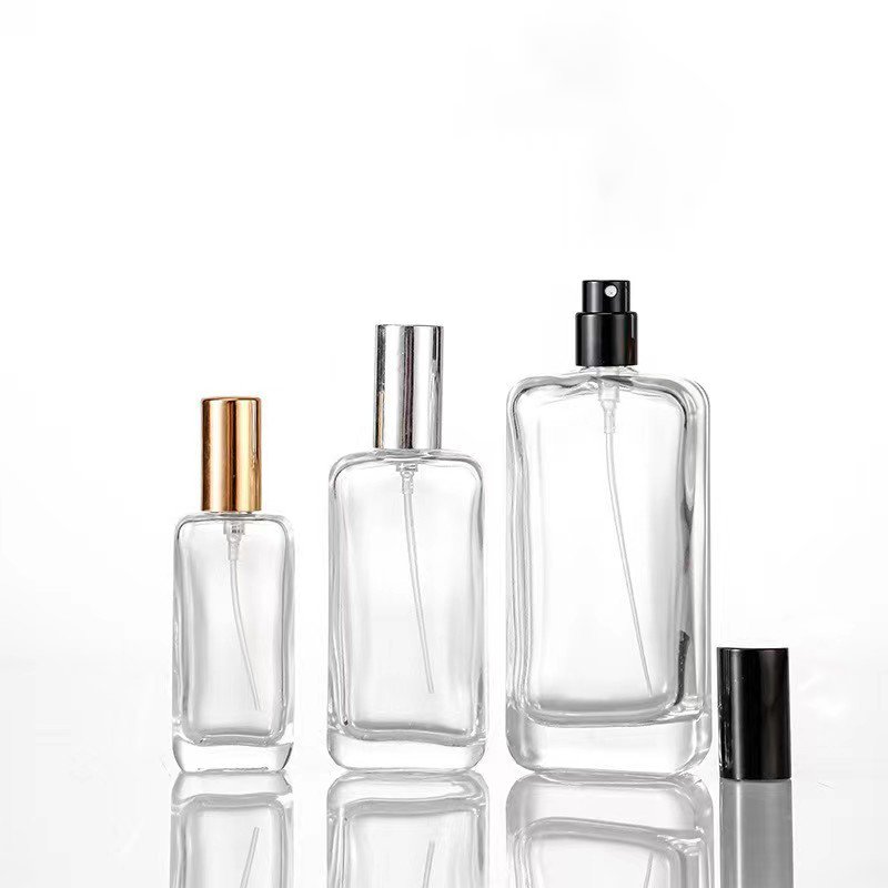 Square Atomizer Crimp Spray 25ml 50ml 100ml Empty Glass Perfume Bottles 15mm Neck Size with Cap Carton Packed Printing Logo