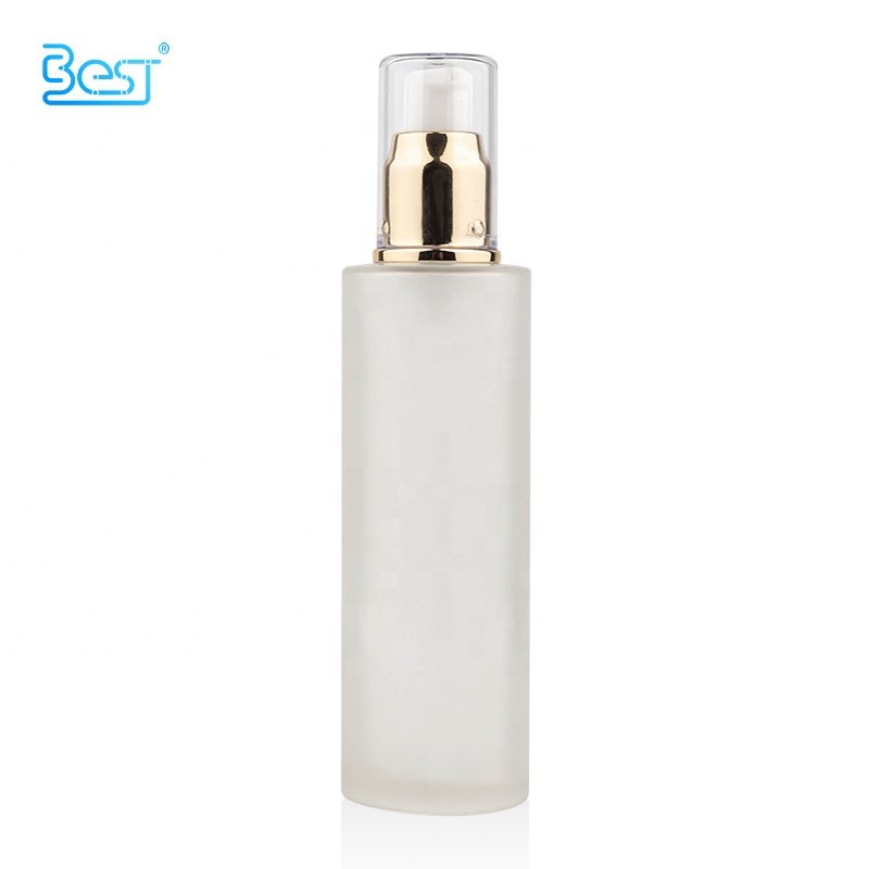 Frosted 100ml 120ml Customizable Cosmetic Toner Serum Cream Flat Shoulder Glass Bottle with Gold Lotion Pump Head