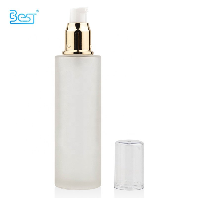 Frosted 100ml 120ml Customizable Cosmetic Toner Serum Cream Flat Shoulder Glass Bottle with Gold Lotion Pump Head