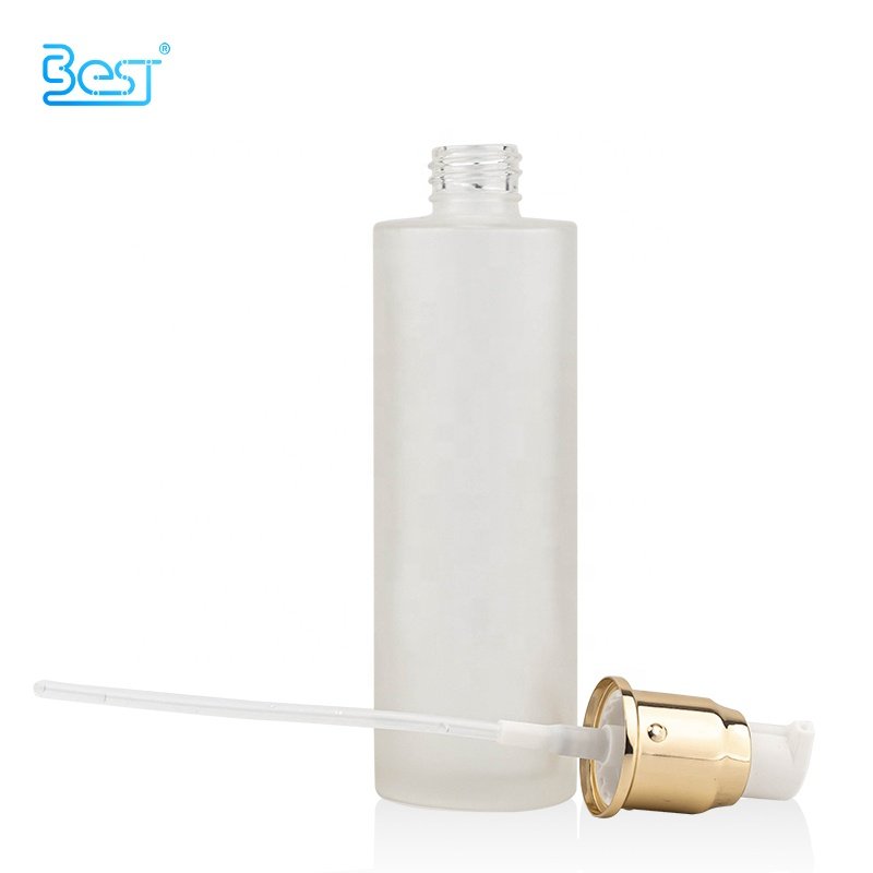 Frosted 100ml 120ml Customizable Cosmetic Toner Serum Cream Flat Shoulder Glass Bottle with Gold Lotion Pump Head