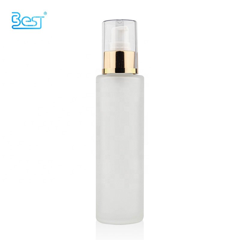 Frosted 100ml 120ml Customizable Cosmetic Toner Serum Cream Flat Shoulder Glass Bottle with Gold Lotion Pump Head