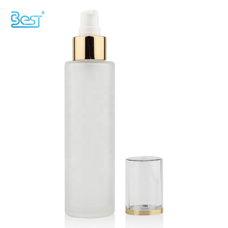 Frosted 100ml 120ml Customizable Cosmetic Toner Serum Cream Flat Shoulder Glass Bottle with Gold Lotion Pump Head