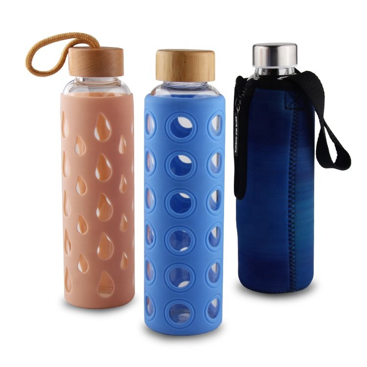 Leak-Proof BPA Free Wholesale Glass Bottles, Juicing Containers, Drinking Water/Beverage Bottles with Stainless Steel bamboo lid