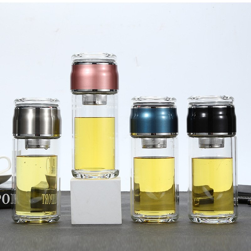 Wholesale Hot Selling Portable Eco Friendly Double Wall Heat Resistant Sports Glass Tea Filter Water Bottle with Tea Infuser