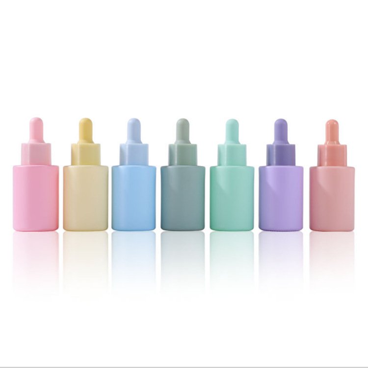 Flat shoulder cylinder shape white pink blue purple skin care serum bottle 30ml glass dropper bottle