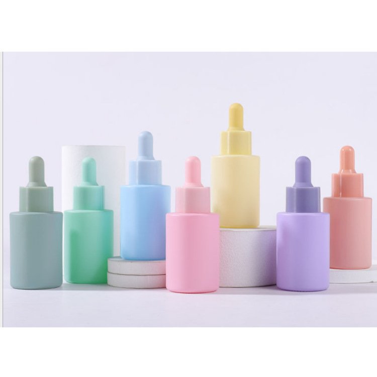 Flat shoulder cylinder shape white pink blue purple skin care serum bottle 30ml glass dropper bottle