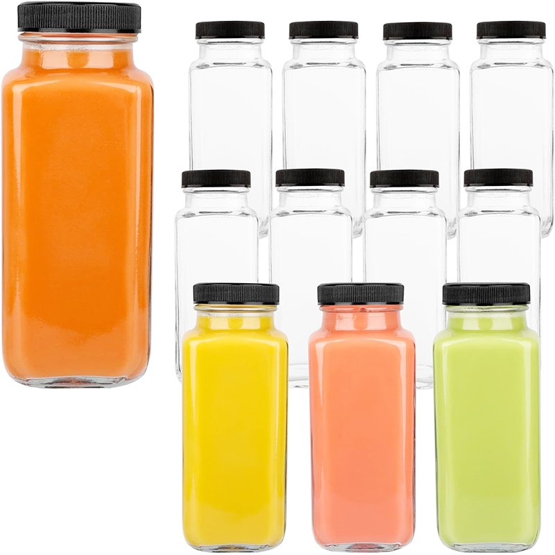 Empty 8oz 12oz 16oz 250ml 350ml 500ml french square clear Glass Bottles for fresh cold pressed juice