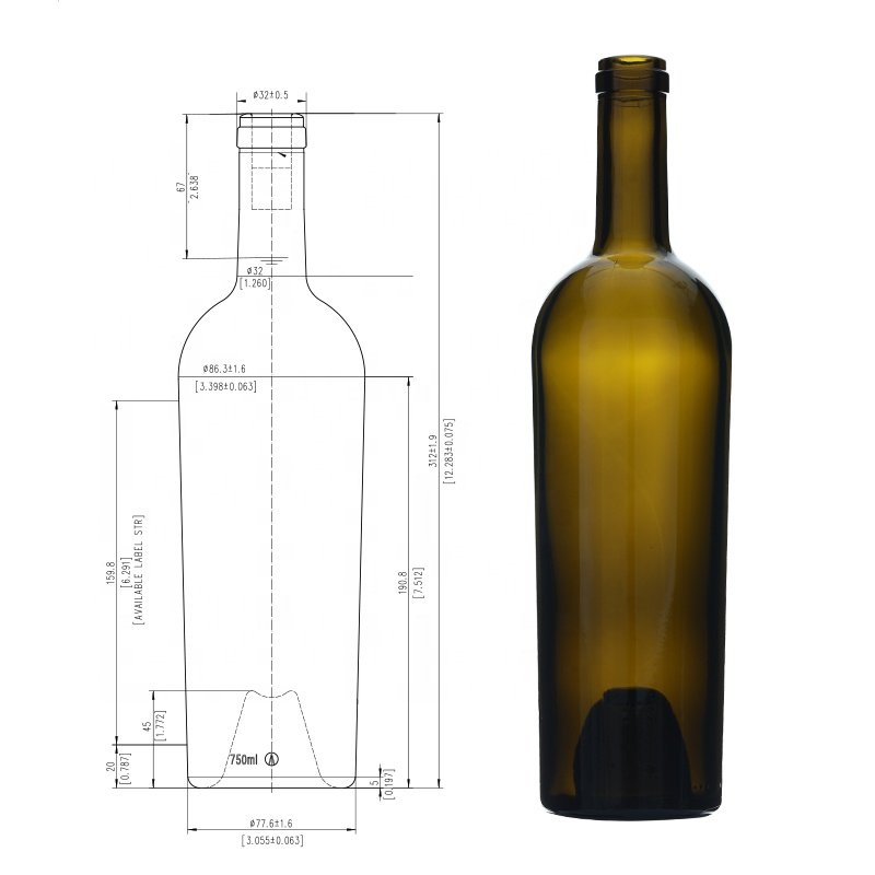 Custom logo glass bottle antique green wine bottle empty bordeaux 750ml wine bottles