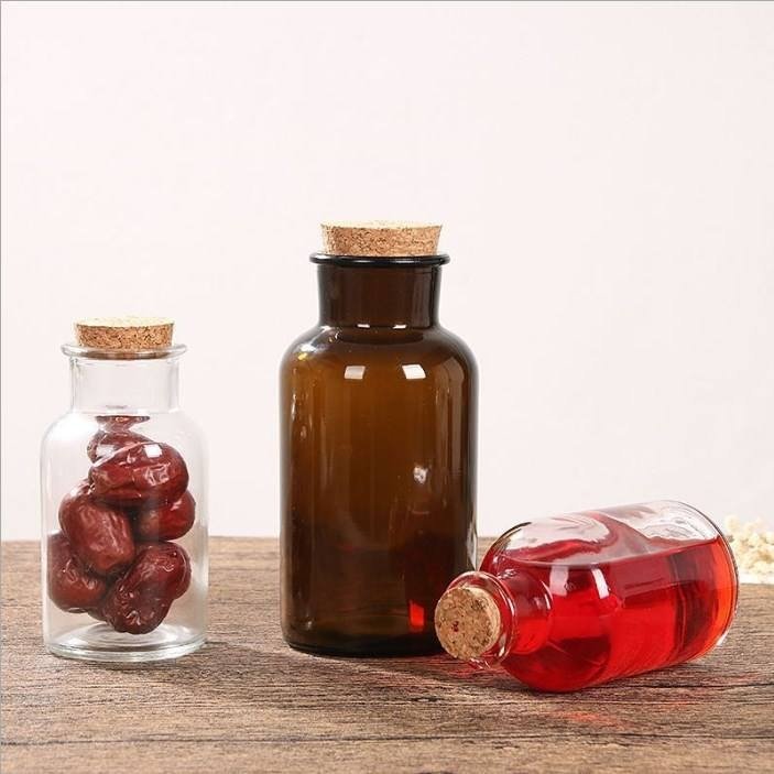 Sealed 30ml 60ml 125ml 250ml 500ml Clear/amber Glass Storage Containers With Cork Stopper For Reagent Pill Apothecary Jar