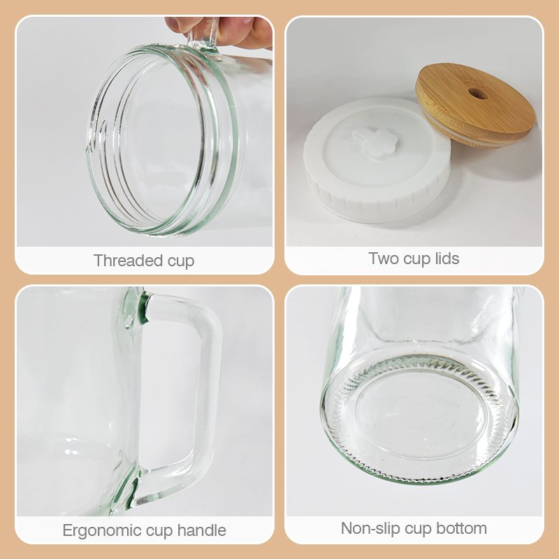 USA Warehouse 24oz Glass Cups with Lids and Straws 24oz Tumbler with Handle Coffee Cups Glasses Mason Jar Cups Drinking Set