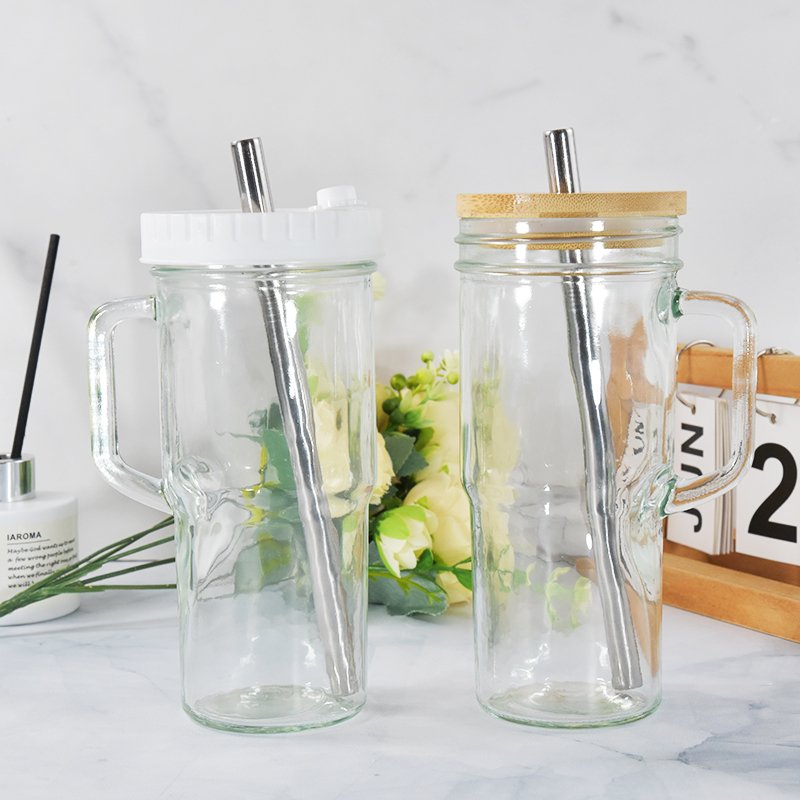 USA Warehouse 24oz Glass Cups with Lids and Straws 24oz Tumbler with Handle Coffee Cups Glasses Mason Jar Cups Drinking Set