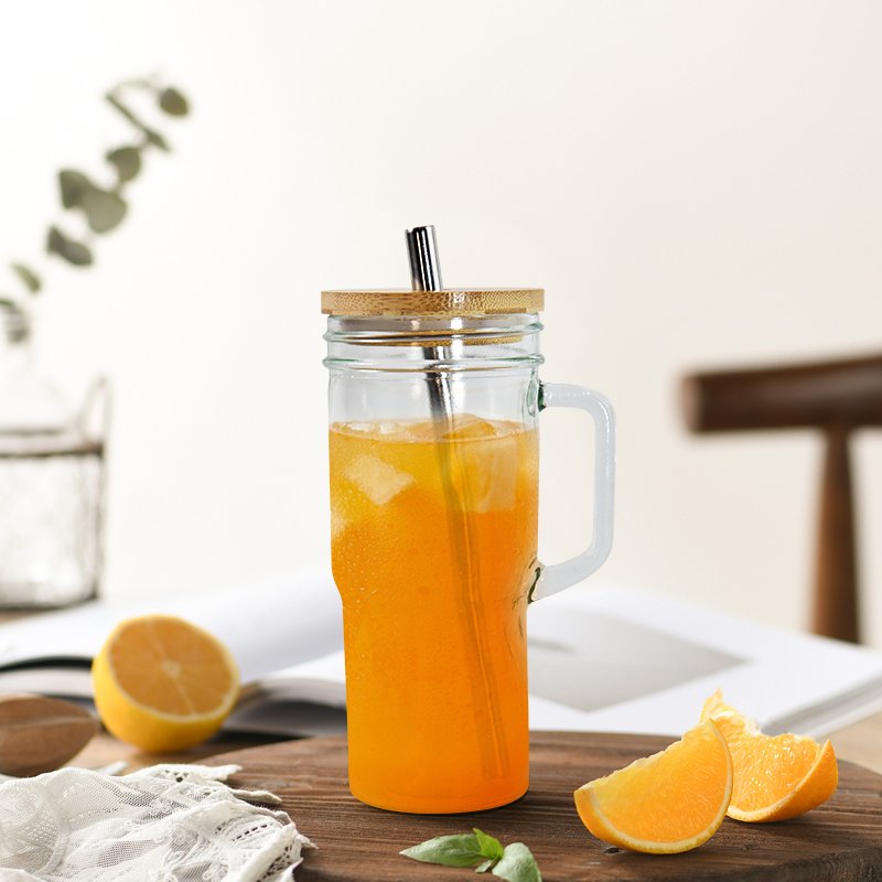 USA Warehouse 24oz Glass Cups with Lids and Straws 24oz Tumbler with Handle Coffee Cups Glasses Mason Jar Cups Drinking Set