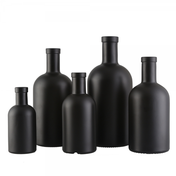 Matte Black 200ml 375ml 500ml 750ml Round Flint Glass Liquor Wine Bottle Gin Whisky Vodka Tequila Glass Bottle With Cork Lid