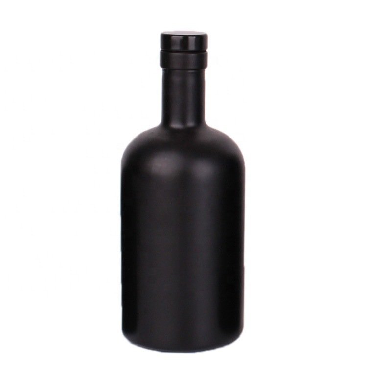Matte Black 200ml 375ml 500ml 750ml Round Flint Glass Liquor Wine Bottle Gin Whisky Vodka Tequila Glass Bottle With Cork Lid