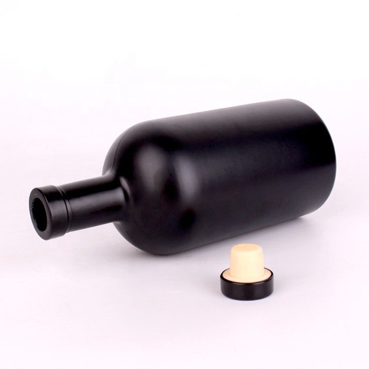 Matte Black 200ml 375ml 500ml 750ml Round Flint Glass Liquor Wine Bottle Gin Whisky Vodka Tequila Glass Bottle With Cork Lid
