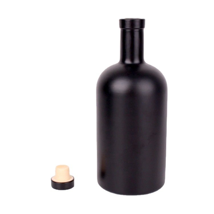 Matte Black 200ml 375ml 500ml 750ml Round Flint Glass Liquor Wine Bottle Gin Whisky Vodka Tequila Glass Bottle With Cork Lid