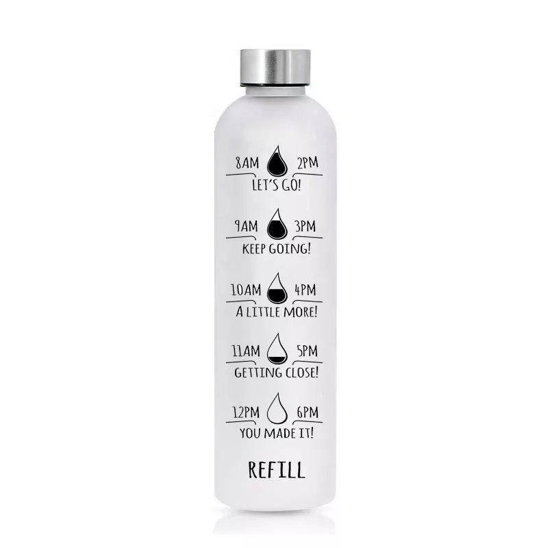 Custom Logo 1000ml Glass Drink Water Bottle Motivational Time Marker Frosted Yoga Glass Bottle