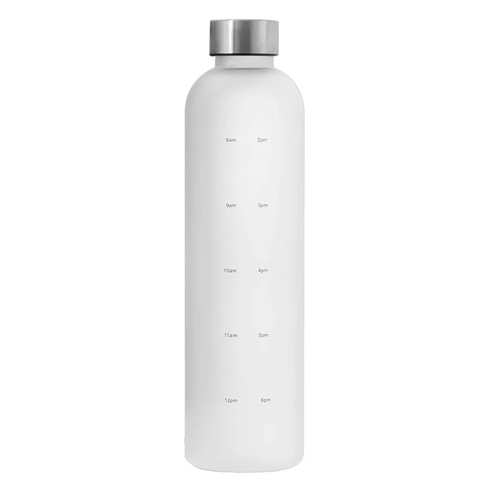 Custom Logo 1000ml Glass Drink Water Bottle Motivational Time Marker Frosted Yoga Glass Bottle