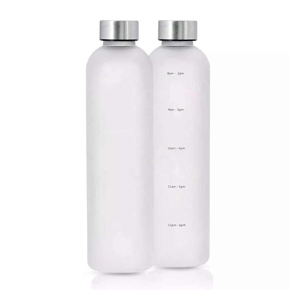 Custom Logo 1000ml Glass Drink Water Bottle Motivational Time Marker Frosted Yoga Glass Bottle