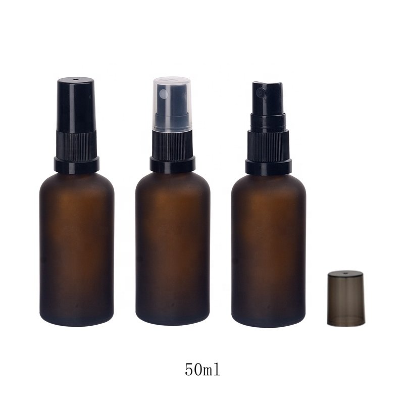 amber glass bottle 50 ml frosted amber brown glass bottle sprayer cosmetic bottle with 18/415 black plastic fine mist spray