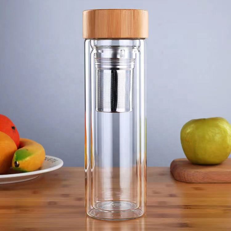 Double Wall 300ml 400ml 500ml High Borosilicate Glass Bottle With Bamboo Lid