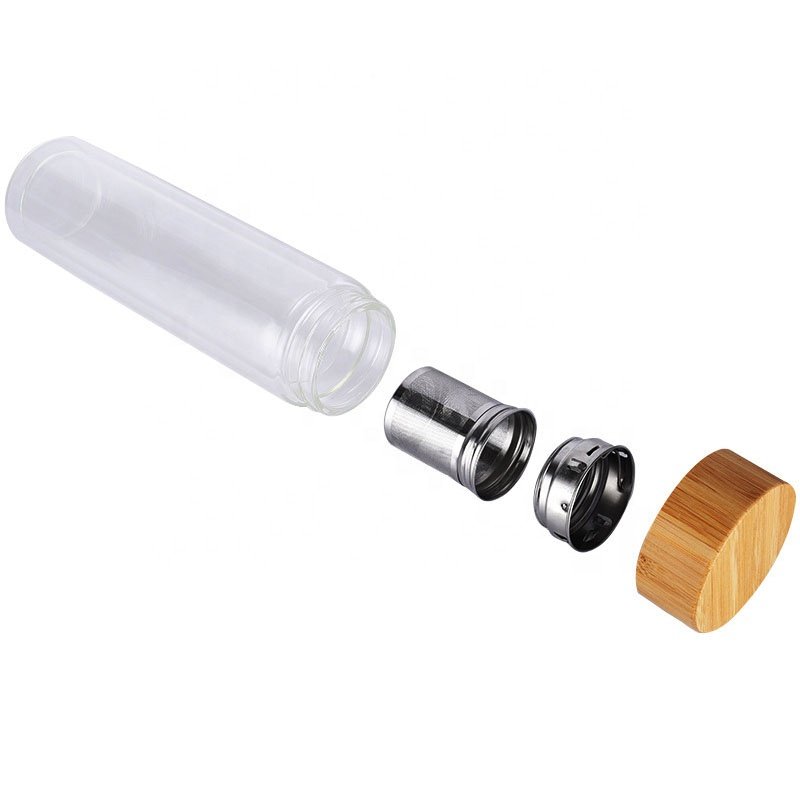 Double Wall 300ml 400ml 500ml High Borosilicate Glass Bottle With Bamboo Lid