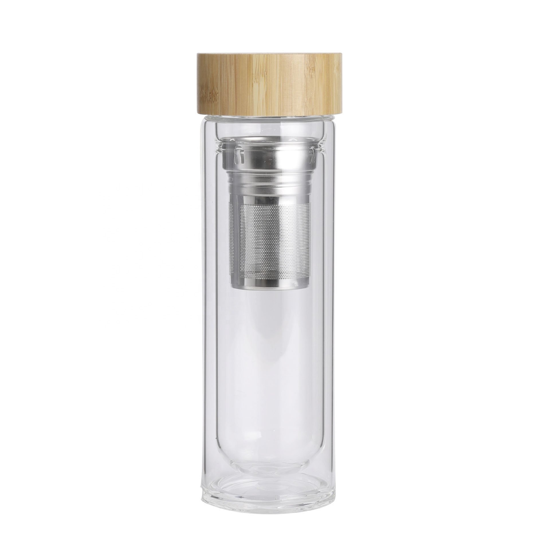 Double Wall 300ml 400ml 500ml High Borosilicate Glass Bottle With Bamboo Lid