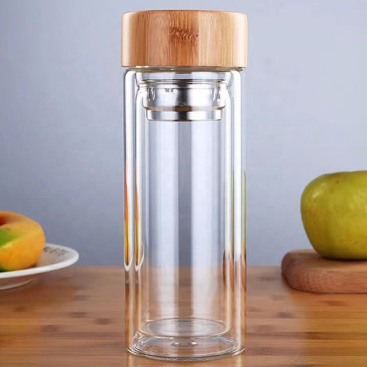 Double Wall 300ml 400ml 500ml High Borosilicate Glass Bottle With Bamboo Lid
