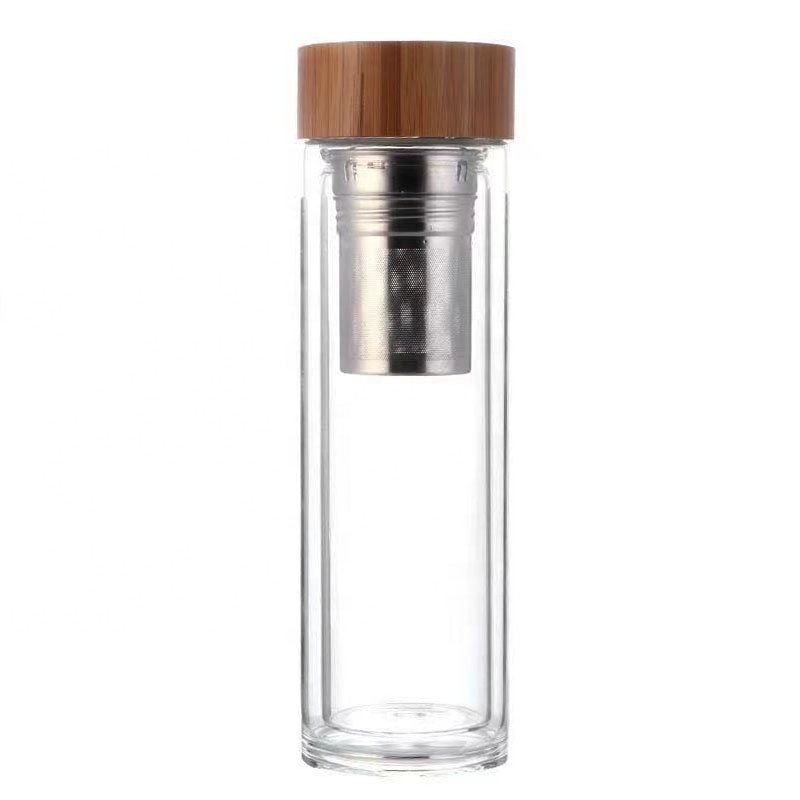 Double Wall 300ml 400ml 500ml High Borosilicate Glass Bottle With Bamboo Lid