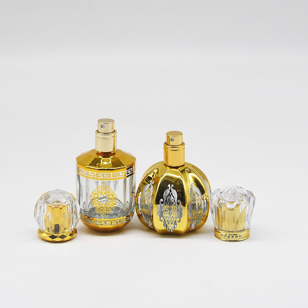 30ml 50ml dubai style metal Arabic glass essential oil bottle perfume glass bottle round striped electroplated perfume bottle
