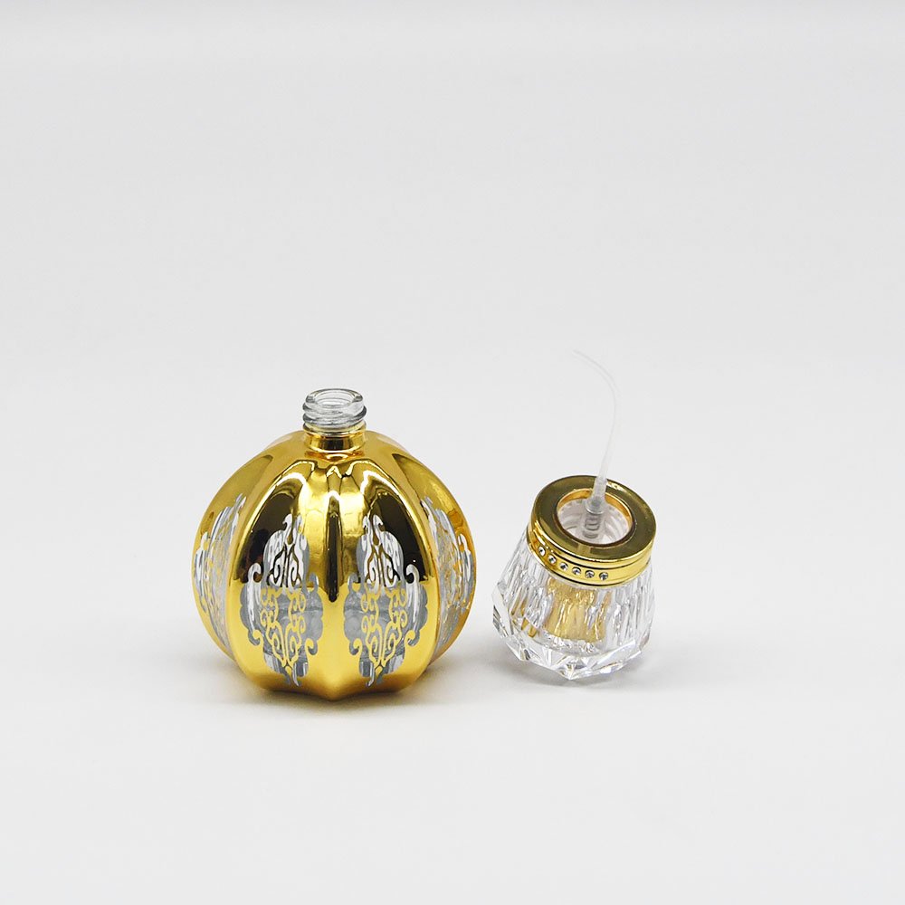 30ml 50ml dubai style metal Arabic glass essential oil bottle perfume glass bottle round striped electroplated perfume bottle