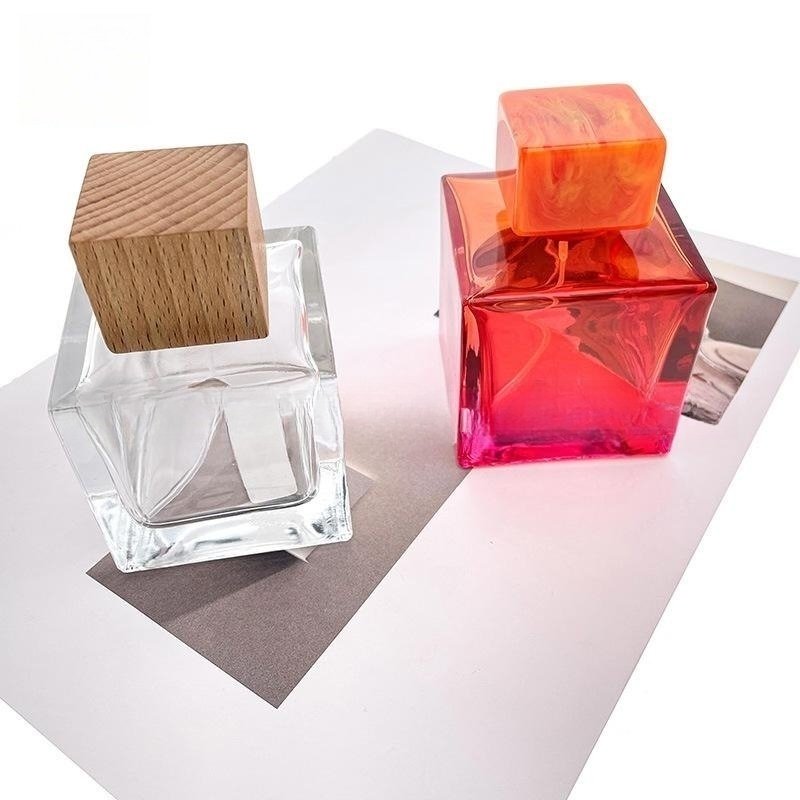 50 100ml clear glass perfume bottle Polished square walnut wood wood lid small empty cosmetic bottle