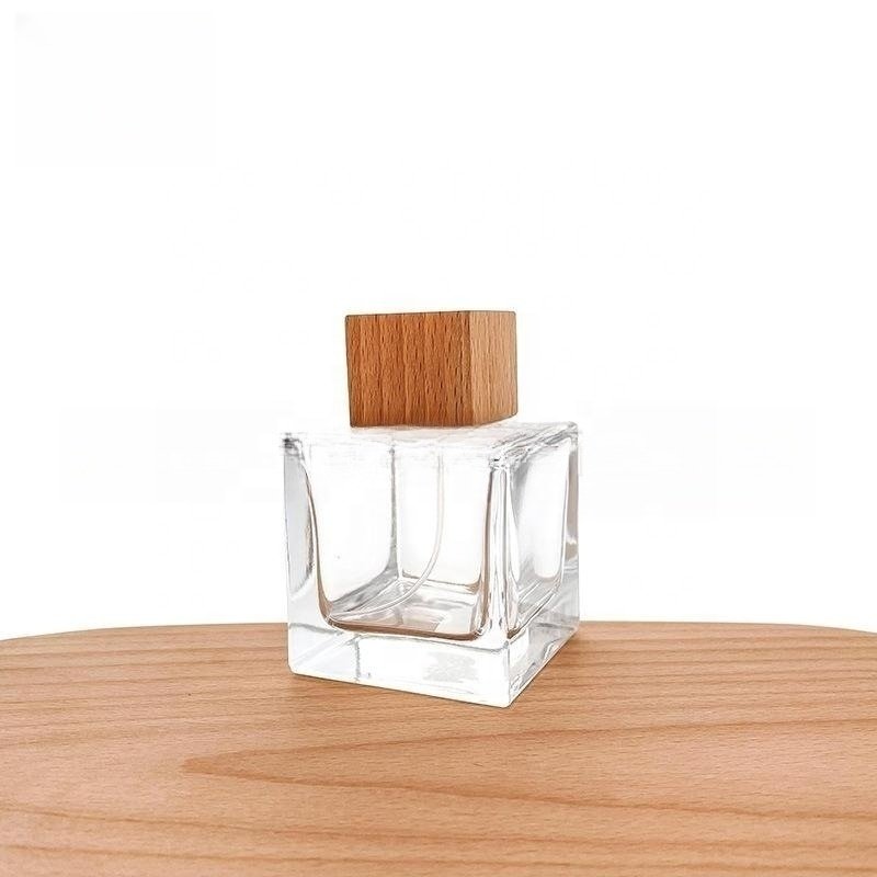 50 100ml clear glass perfume bottle Polished square walnut wood wood lid small empty cosmetic bottle