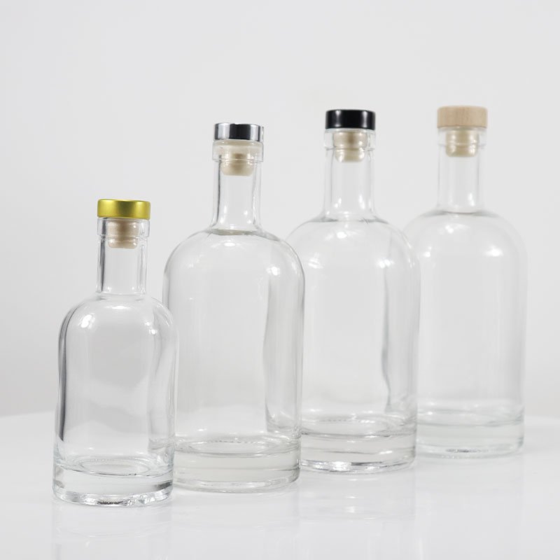 250ml 375ml 500ml 750ml 1000ml transparent round empty flint glass liquor wine Whisky Vodka tequila bottle with sealed cork lid