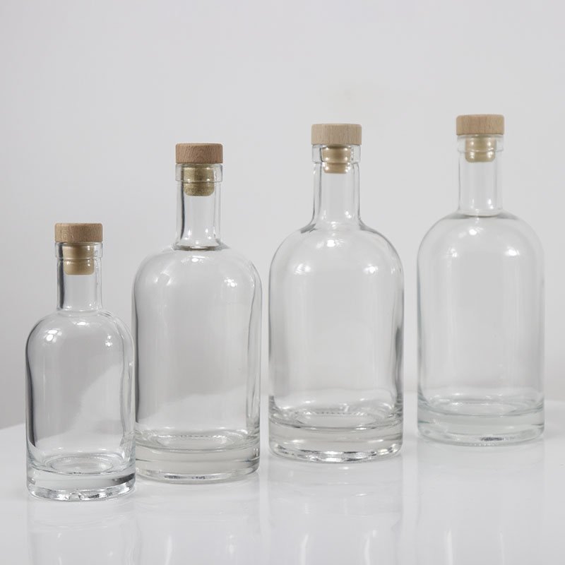 250ml 375ml 500ml 750ml 1000ml transparent round empty flint glass liquor wine Whisky Vodka tequila bottle with sealed cork lid