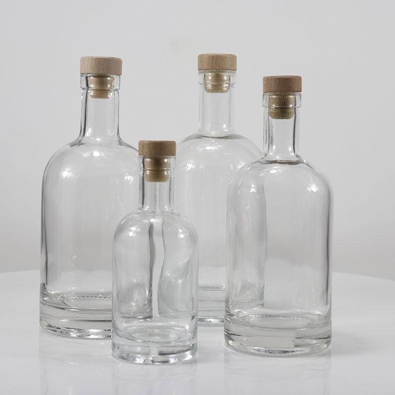 250ml 375ml 500ml 750ml 1000ml transparent round empty flint glass liquor wine Whisky Vodka tequila bottle with sealed cork lid